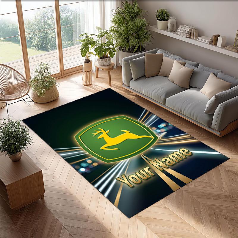 John Deere Crystal Velvet Rug, Custom Name Text Personalized Non‑Slip Floor Mat for Home Decor Gift