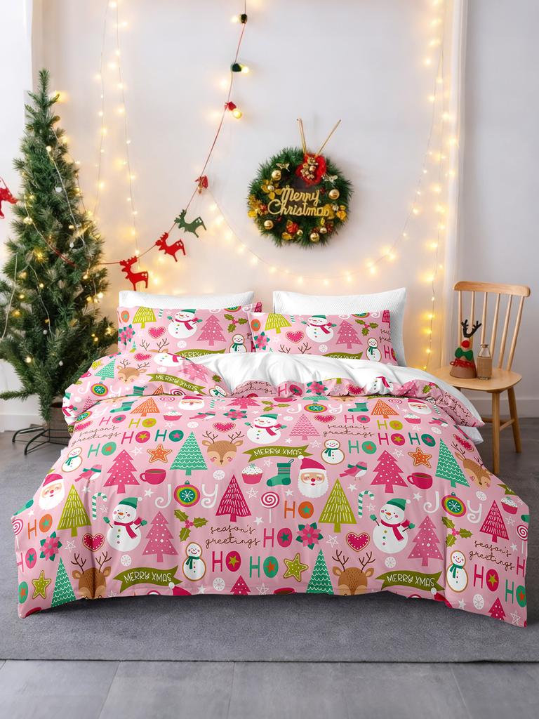 3pcs/set Christmas Reindeer Snowman Bedding Set Includes 1 Duvet Cover And 2 Pillowcases Soft And Skin-Friendly