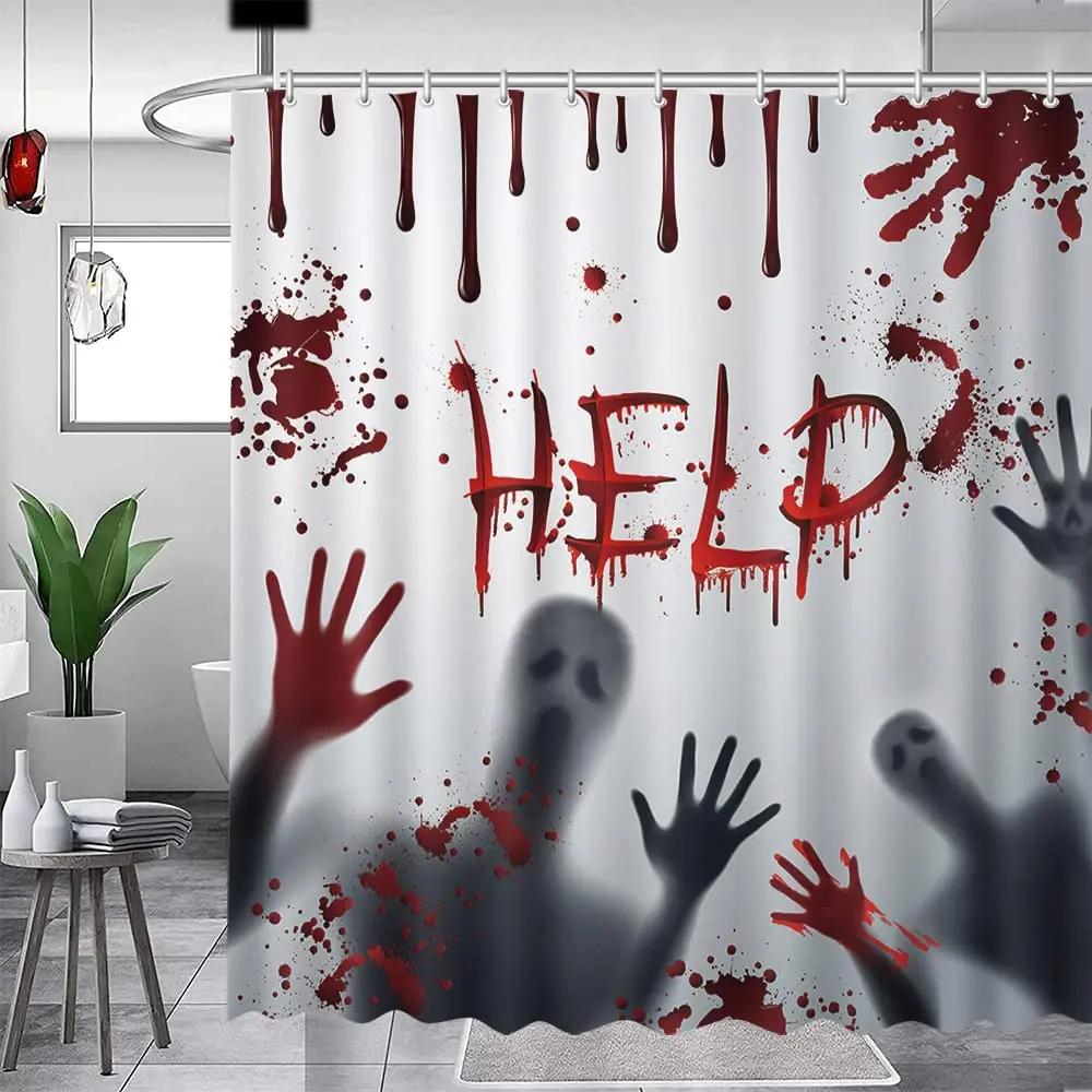 Halloween Shower Curtain Waterproof Bathroom Curtains Horror Bloody Hands Bath Curtain With Hooks For Help Me Scary Home Decor