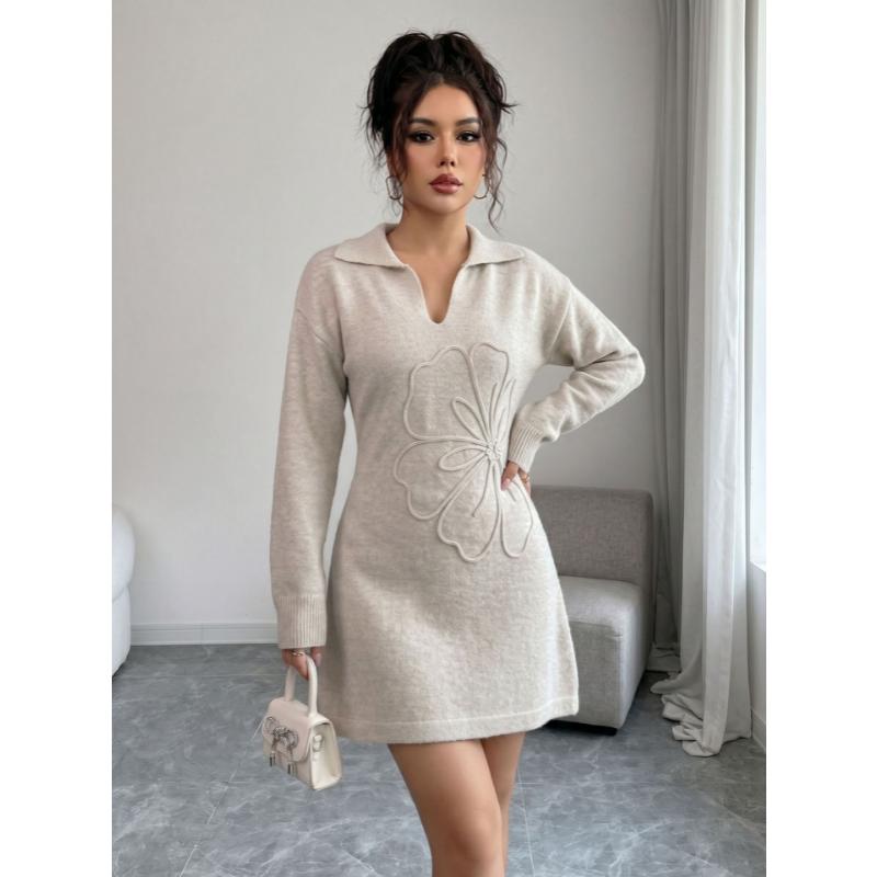 Women Autumn Winter Polo Collar Knit Mini Dress, 3D Floral Embroidery Long Sleeve Slim Waist Bodycon Short Sweater Dress