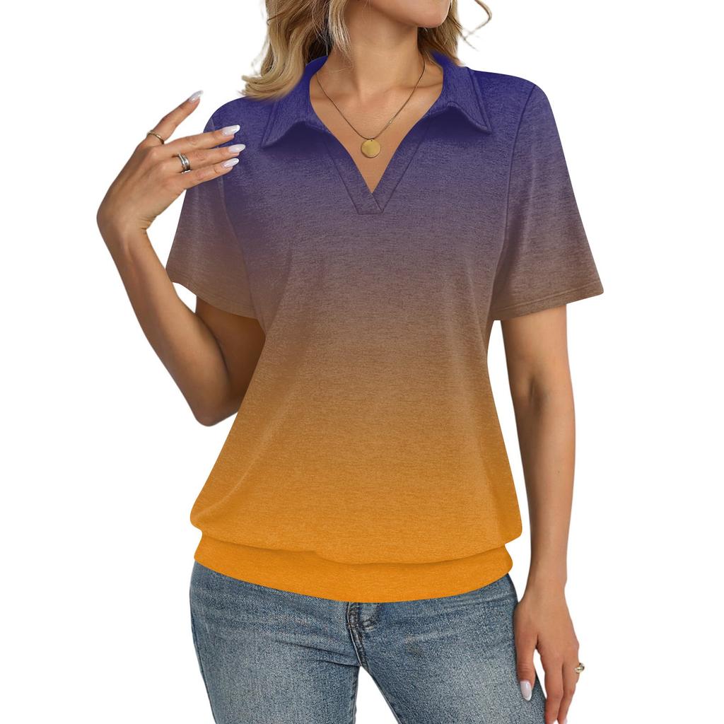 Damesmode Casual Revers Korte Mouw Bedrukt Shirt Dames Up Tops