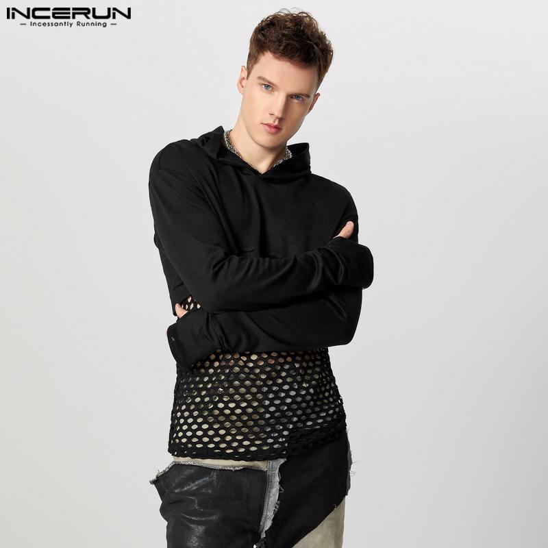 INCERUN Men Long Sleeve Fishnet Patchwork Hoodies Casual Hooded Pullovers