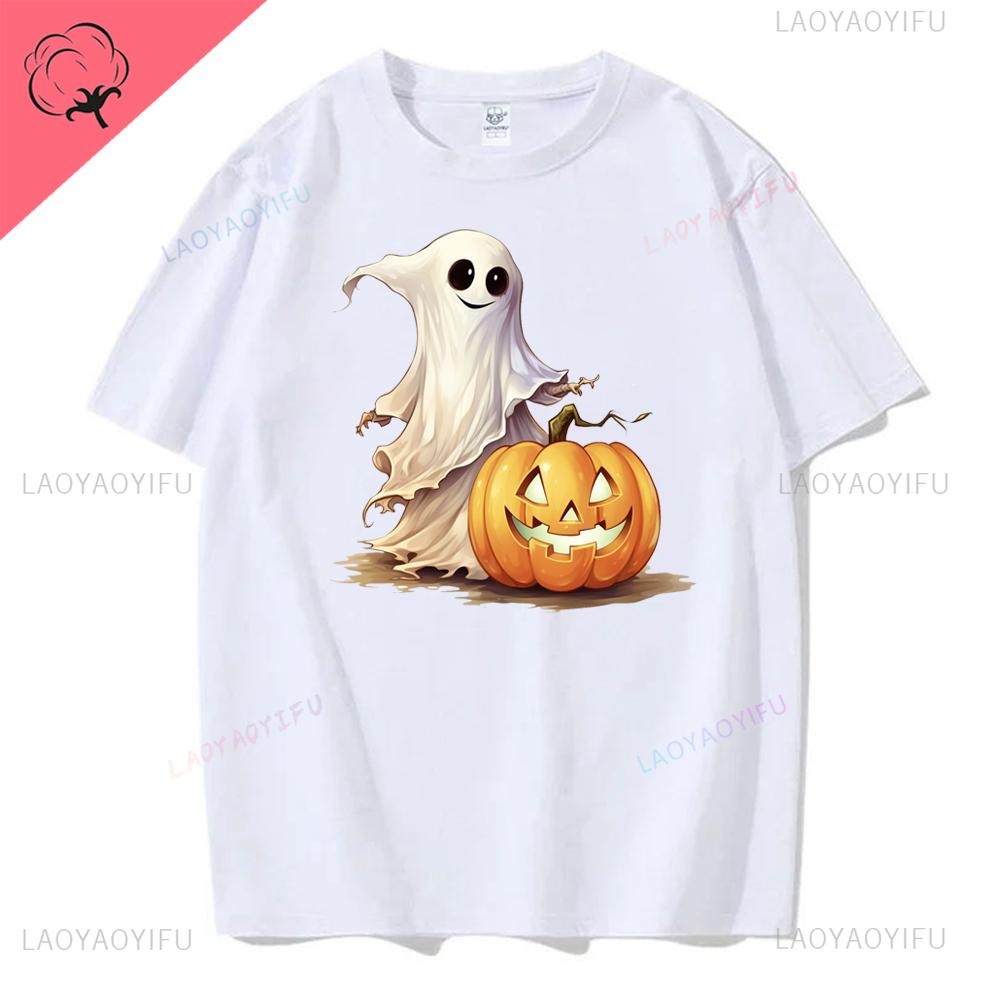Women Ghost Pumpkin Bat Print Round Neck Pullovers Funny Halloween Costume Cotton Shirt Graphic T Shirts Y2k Top Harajuku Tops
