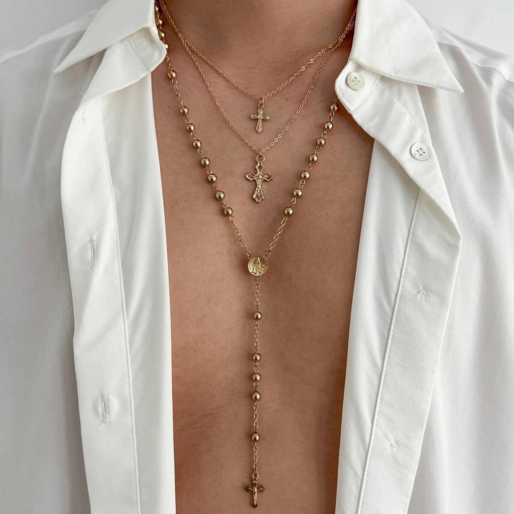 Salircon 3 Pcs/Set Hip Hop Punk Jesus Cross Pendant Necklace Men Trendy Metal Tassel Clavicle Choker Party Jewelry Male Gifts