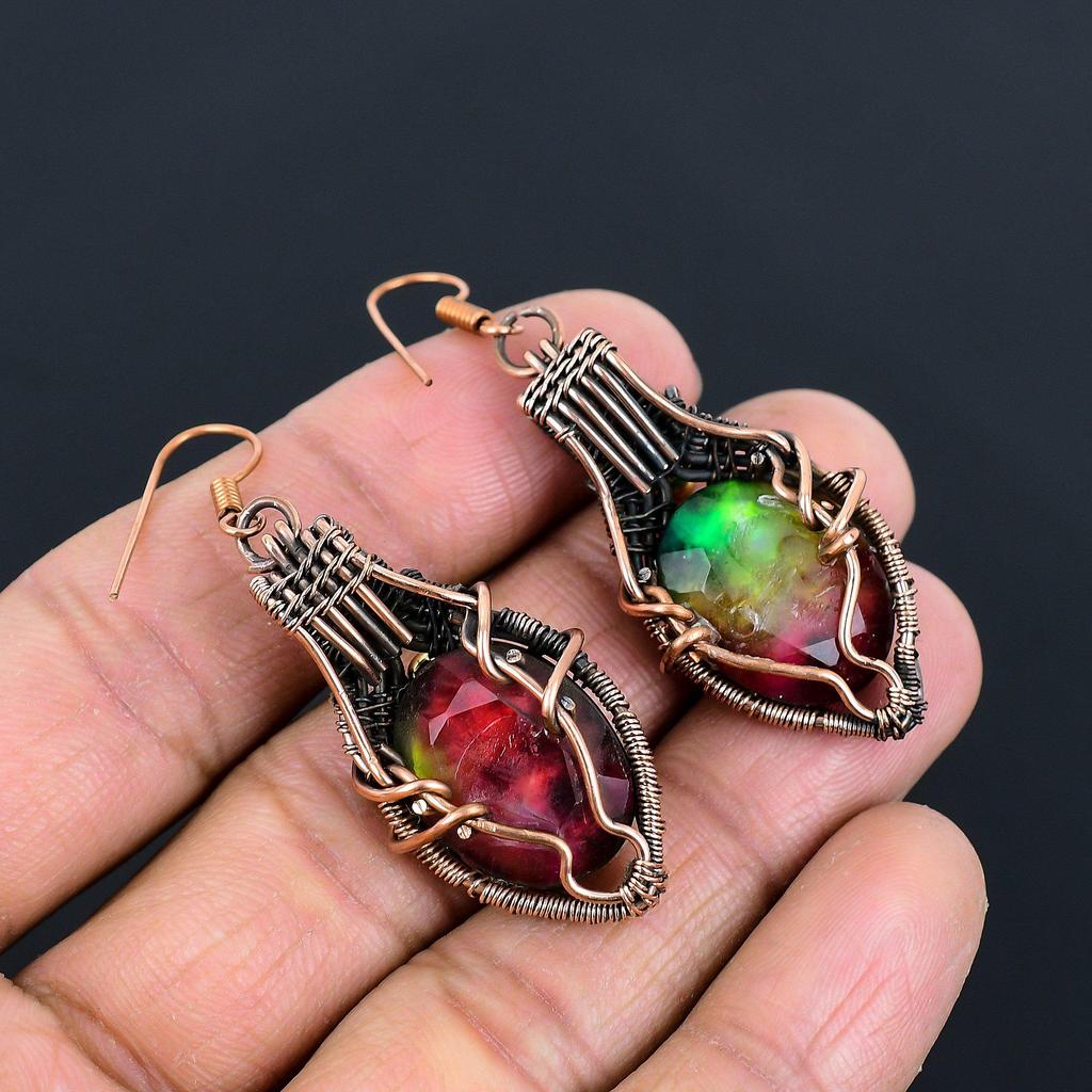 Ammolite Earrings Gemstone Jewelry, 999 Copper Wire Wrapped Handmade Earrings, Latest Design Jewelry