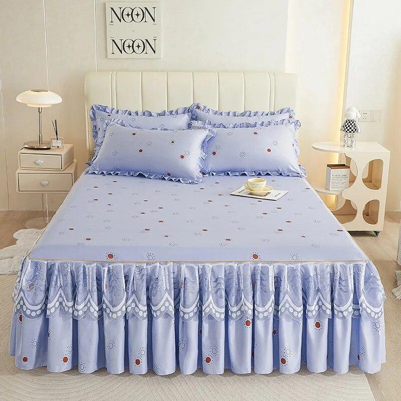 3pcs Set Skin-friendly Lace Bedspread Princess Double Layer Lace Bed Sheet Anti-slip Bed Cover with 2pcs Pillowcase