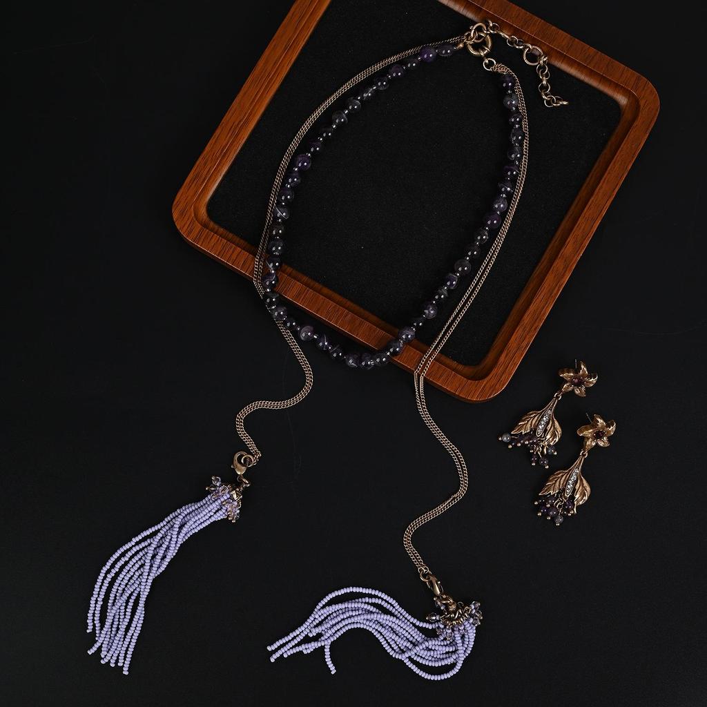 Amethyst Tassel Multi-Layer Necklace & Earring Set