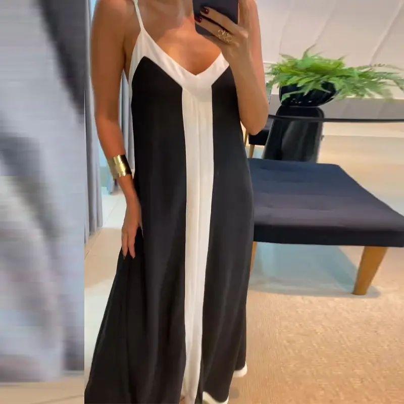 

European and American Women clothes Western Style Temperament Contrast Color V-neck Long Sling Dress Summer V-Neck Long Dress Picture Color XXXL