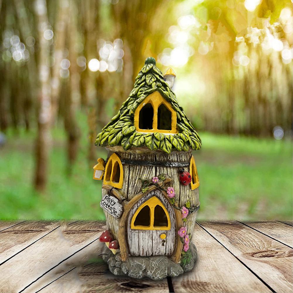 House Statue Solar Powered Led Light Resin Houses Sculptures House Figurine House Craft Miniature for Outdoor Patio Farmhouse