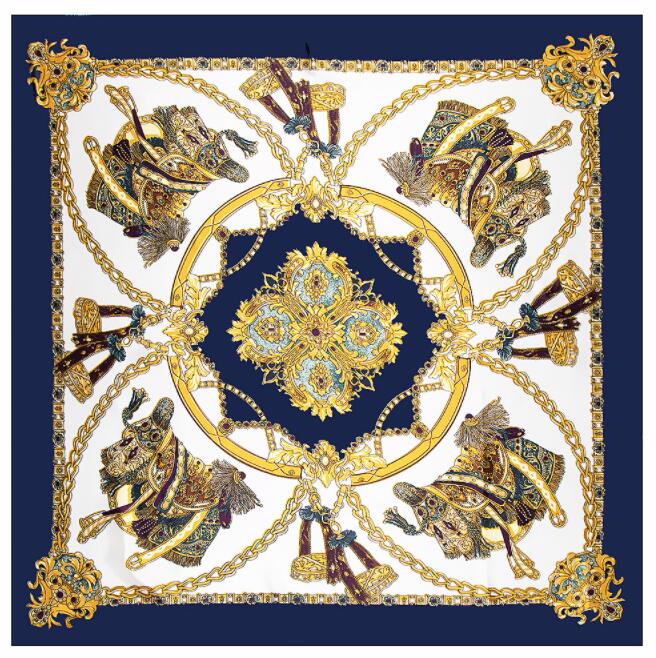 90*90cm Luxury Brand Women Silk Scarfs Royal Style Square Scarves Horseshoe  and Chain Printing Shawls For Ladies