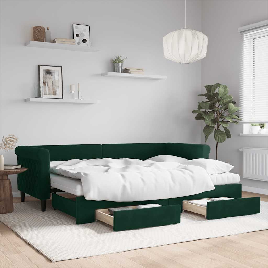 Extendable Daybed with Drawers Dark Green 80x200 Cm Velvet