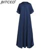 BITCED Summer Denim Dress For Women Casual Spring Blue Maxi Dresses V Neck Half Sleeve Plus Size Long Dresses With Slit