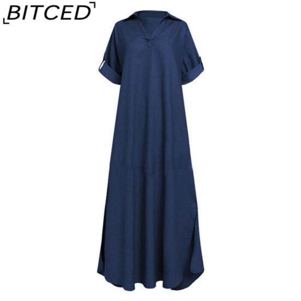 BITCED Summer Denim Dress For Women Casual Spring Blue Maxi Dresses V Neck Half Sleeve Plus Size Long Dresses With Slit
