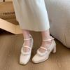 High heels women's new mink hair French thick heel fairy style word with Mary Jane women's shoes retro square head single shoes