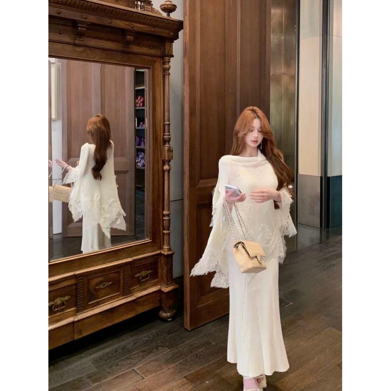Kumikumi Pure Desire Style Suit Temperament Long Sleeve Knitting Cardigan Women's Autumn Lace Sling Dress Two-piece Set