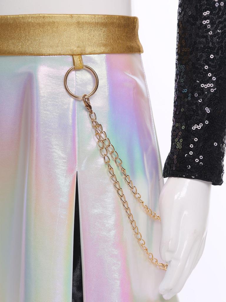 Disfraz de Cantante Inspirado en Demonio para Niñas Patchwork Manga Larga Cremallera Invisible en la Espalda Lentejuelas Crop Top Cadena de Cintura Conjunto de Falda