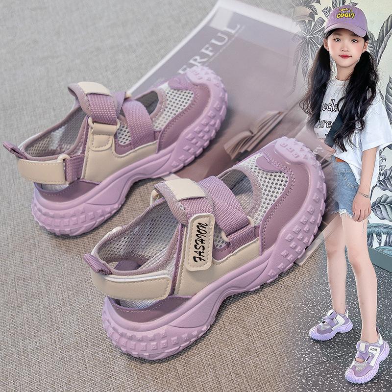 Girls' summer sports sandals 2025 new breathable hollow mesh shoes children's non-slip tire soles