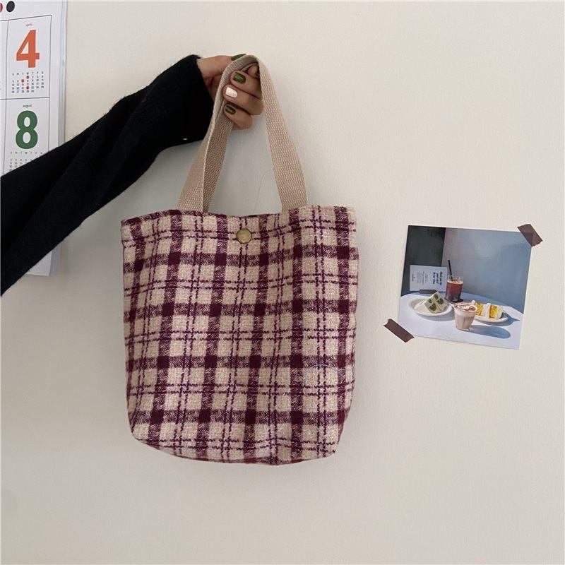 Stylish Ins Checkered Woolen Lunch Bag Chic Minimalist Tote For Everyday Use