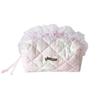 Quilted Makeup Bag Lace Bow Zipper Ruffles Pen Bag Sweet Toiletry Case  for Women Girls