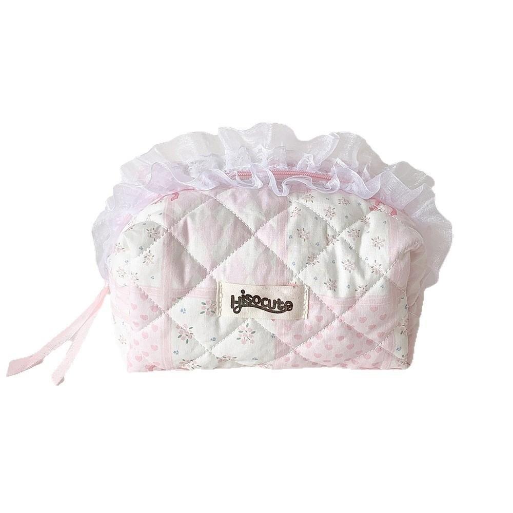 Quilted Makeup Bag Lace Bow Zipper Ruffles Pen Bag Sweet Toiletry Case for Women Girls