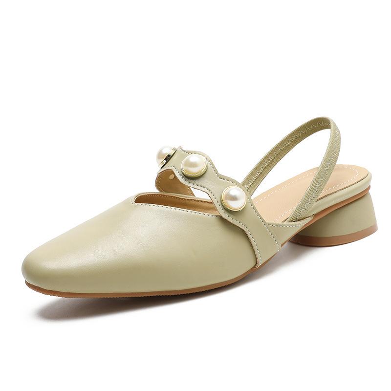 

Yuexinwang кожаные балетки для женской обуви Хуэйчжоу каблуки крутые шлепанцы лето новые французские сумка голова плоские сандалии женские 34 зелёный