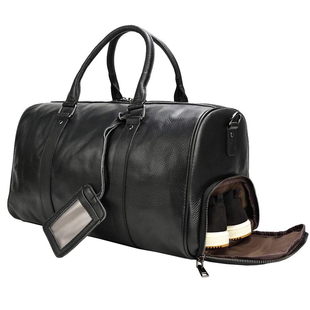 Genuine Leather Boston Bag with Shoe Travel Cowhide Leather with Perfect for Golf Black Men's Compartment, 2-Way Carry-On Bag, Studs, Two-Night Trips,