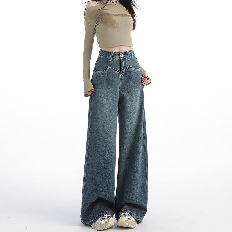

Women s 2024 Dark Blue High-Waisted Wide-Leg Retro Drape Jeans Extra Large