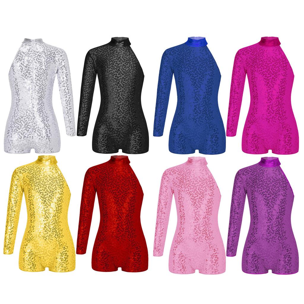 Girls Stylish Jazz Performance Wear Single Long Sleeve Round Neck Shiny Sequins Back Zipper Leotard
