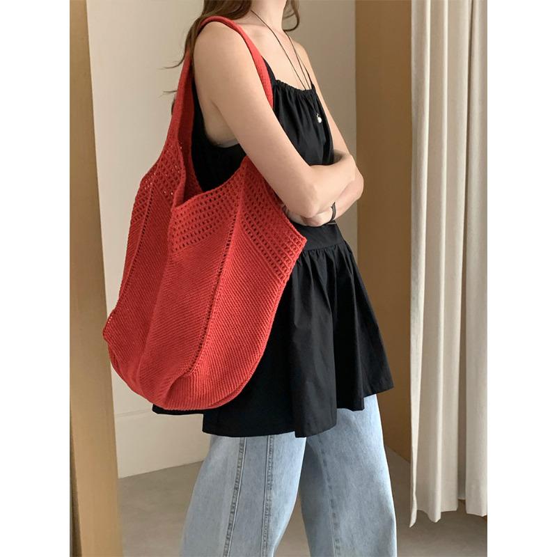 Vintage Red Polyester Knit Tote Bag for Women Hollow Out Shoulder Crossbody Purse