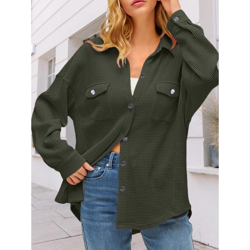 Women's Pocket Shirt Solid Color Casual Oversized Long Sleeve Waffle Weave Top
