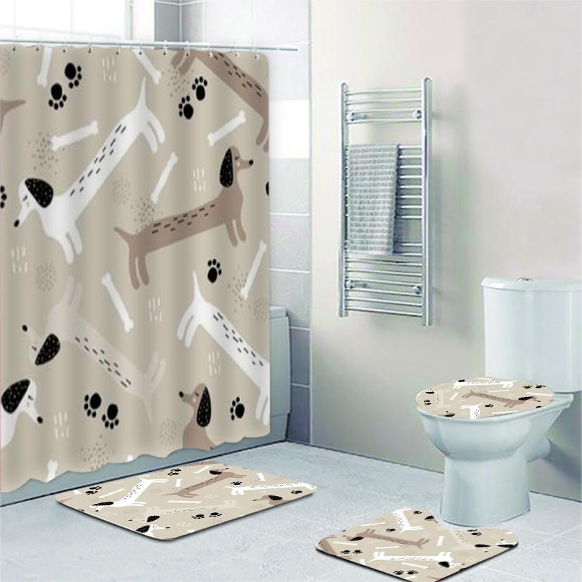 Funny Cute Dachshund Dog Bathroom Curtains Set Shower Curtain Set Cartoon Sausage Dog Bath Mat Rugs Butt Dog Animal Home Decor W90xH180cm(35x70 in)