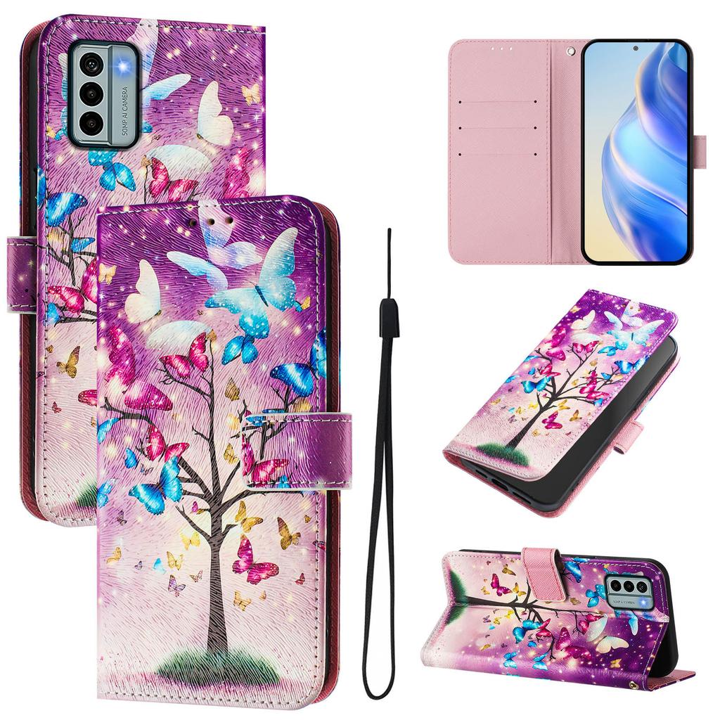 Schmetterlingsbaum Luxus Bemaltes Lederhülle Brieftasche Buchstil Abdeckung für Nokia C12,C32,C02,C22,G22,G11 4G,G21 4G,G42,G10,G20,C10,C20,HMD Pulse...