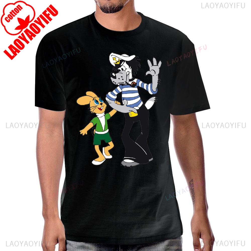 Wolf and Rabbit Nu Pogodi Cartoon Graphic Animation Tshirt Casual Fashion Loose Short Sleeve Cotton Tshirt Summer Man T Shirt
