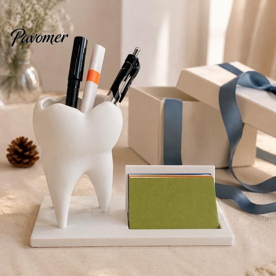 Dentist Office Supplies 3D Printed Tooth Pen Holder with Business Card Holder, 2 in 1 Desk Organizer Teeth Shape Organizer, Desktop Decor, Creative