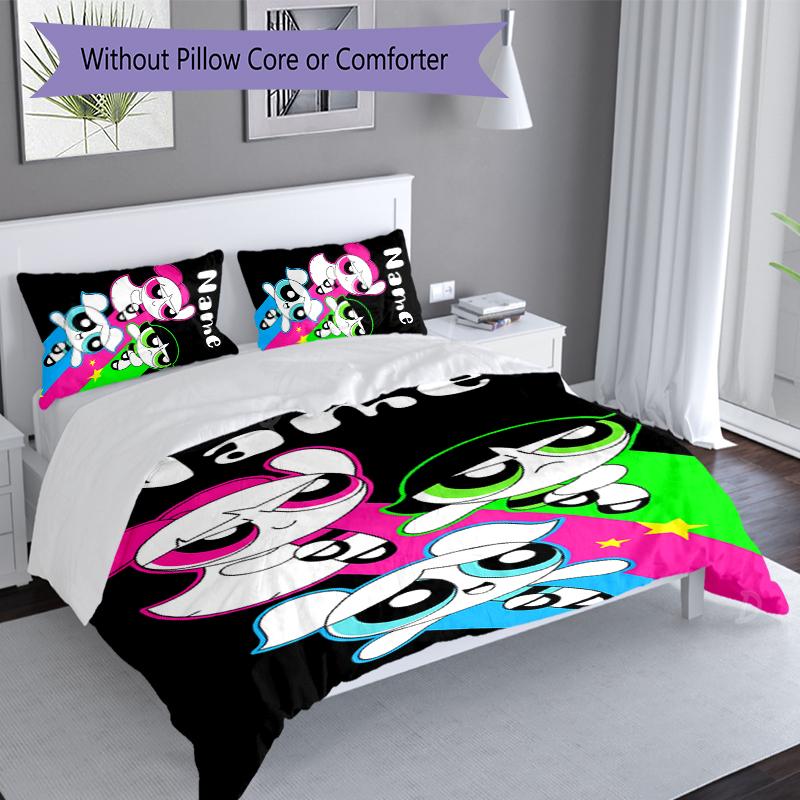 3pcs Custom Name The Powerpuff Girls Bedding Set,Includes 1 Duvet Cover and 2 Pillowcases,All-season Bedroom Decor
