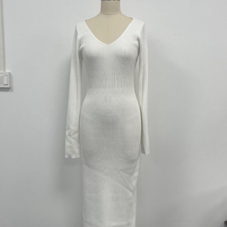 Women's Knitted Dress Elegant V Neck Thick  A-line Dress Brown Long Sleeve Vintage Midi Casual Dresses for Women