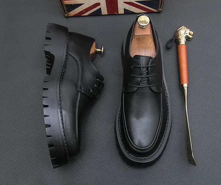 2025 Men's Chunky Glossy Leather Lace-up Casual Shoes with Thick Sole & Square Heel