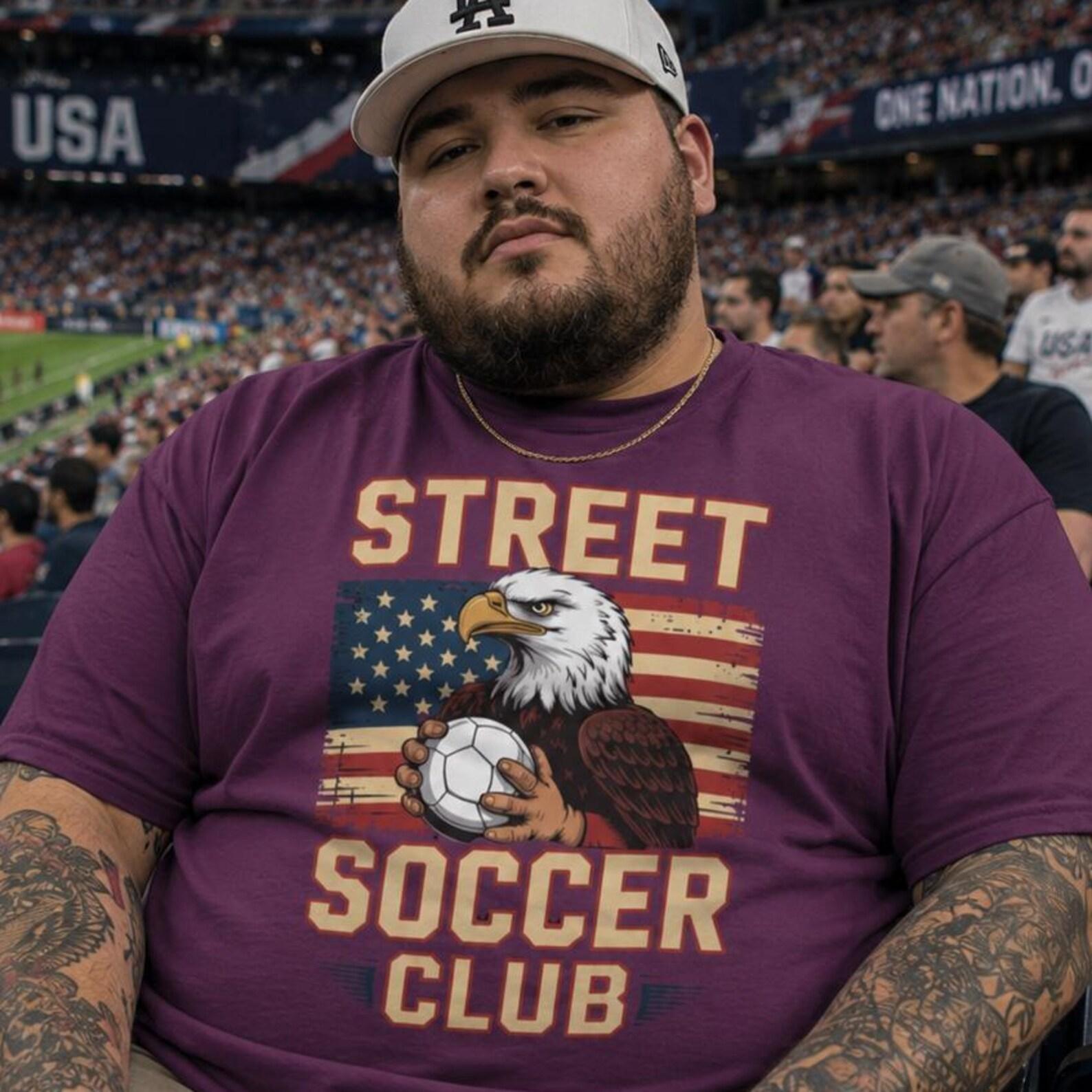 Street Soccer Club USA T-Shirt – American Soccer Fan Tee, Bald Eagle Football Shirt, Patriotic Sports Graphic Tee. S