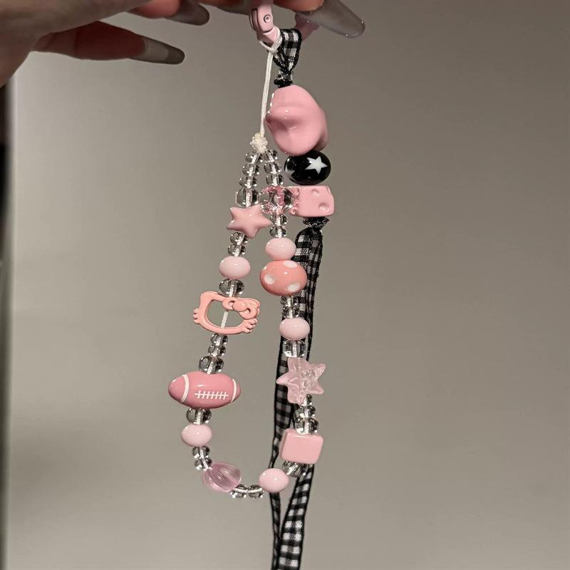 

Ins Style Phone Chain Brown Square Rugby Phone Case Lanyard DIY Beaded Camera Chain Phone Anti-Lost Strap Pink hollow KT Rugby Lany