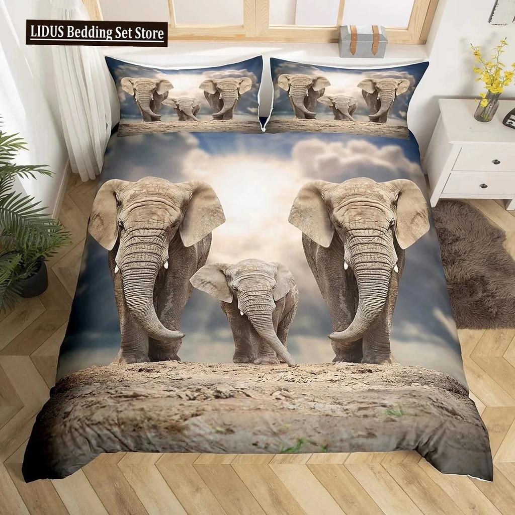 3D Elephant Duvet Cover Set Queen Size African Safari Animal Comforter Set Wildlife Bedding Set Retro Wall Decor Bedspread Cover