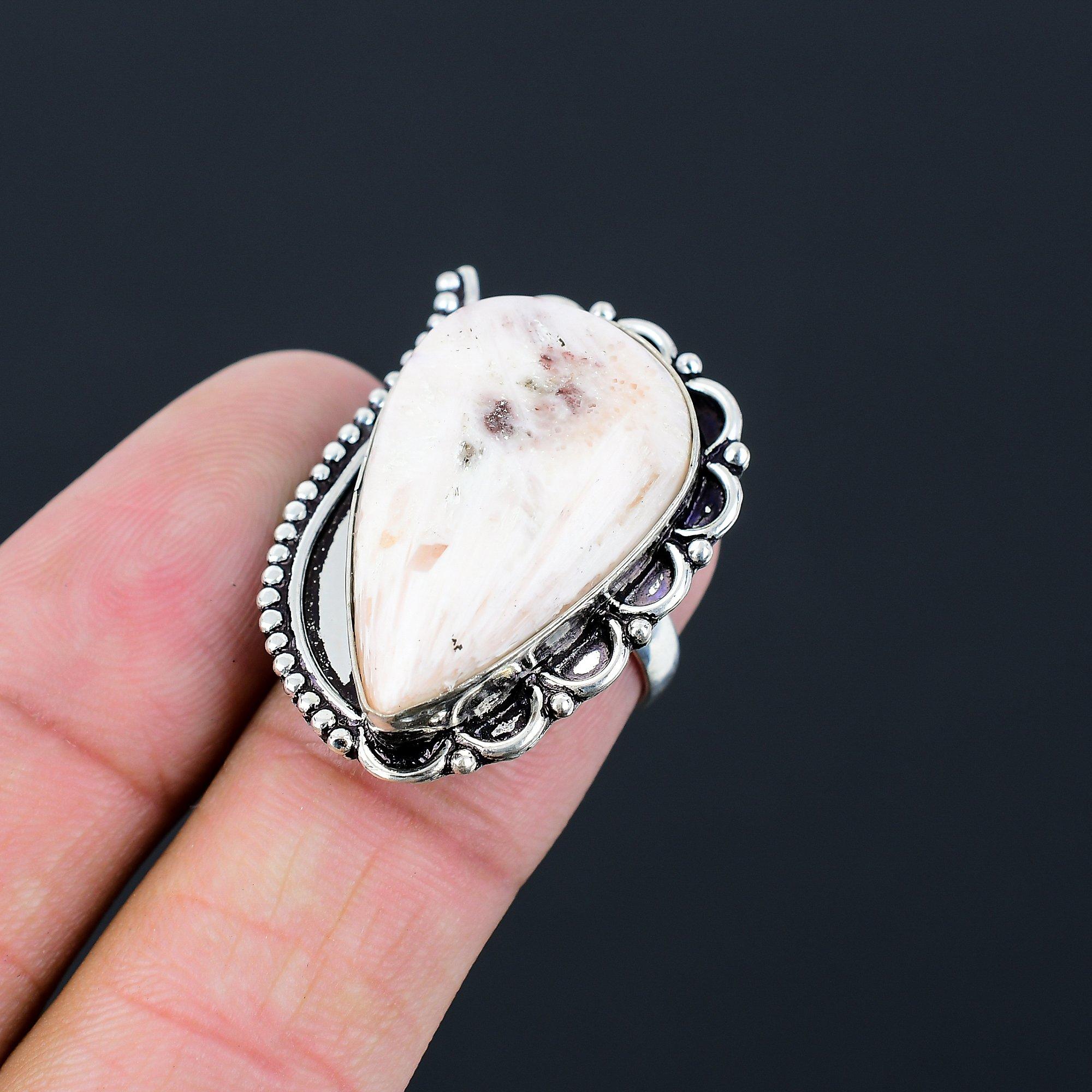 925 Silver Pear Natural Scolecite Stackable Artisan Mother Promise Ring Size 7 7