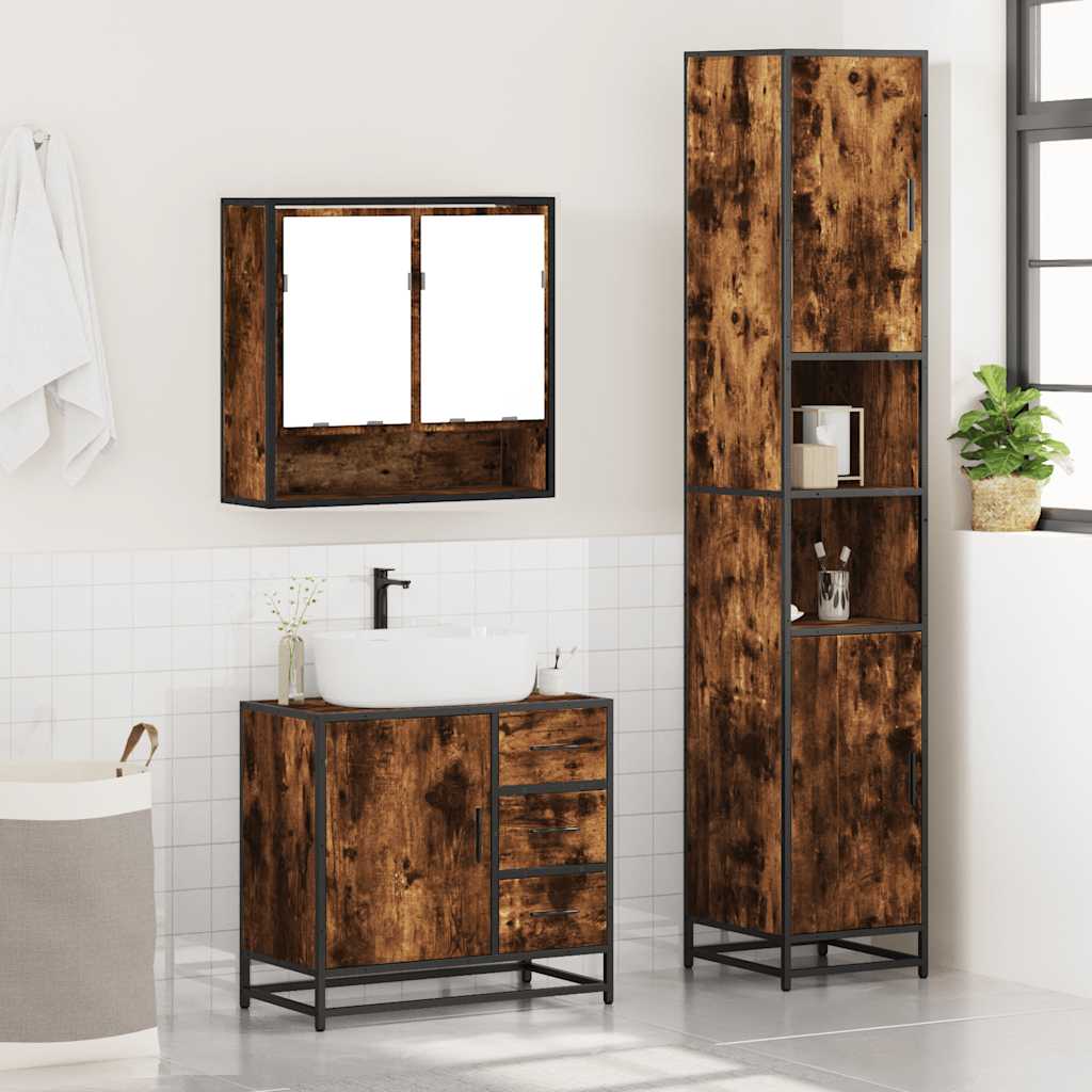 3 Piece Bathroom Furniture Set Smoked Oak Wood Based Material