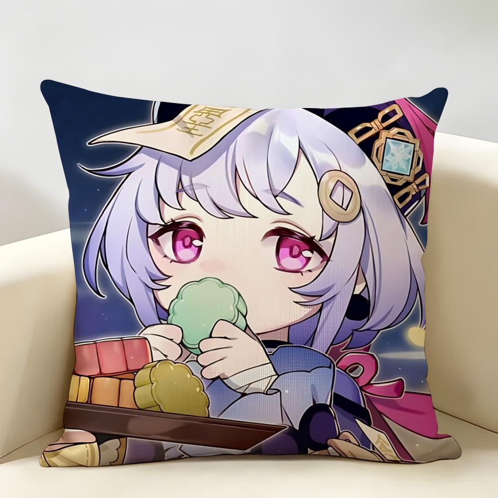 Qiqi Cute Genshin Impact Cushion Cover Natural Linen Organic Fabric DoubleSided Printing Room Sofa Decor Pillow Case