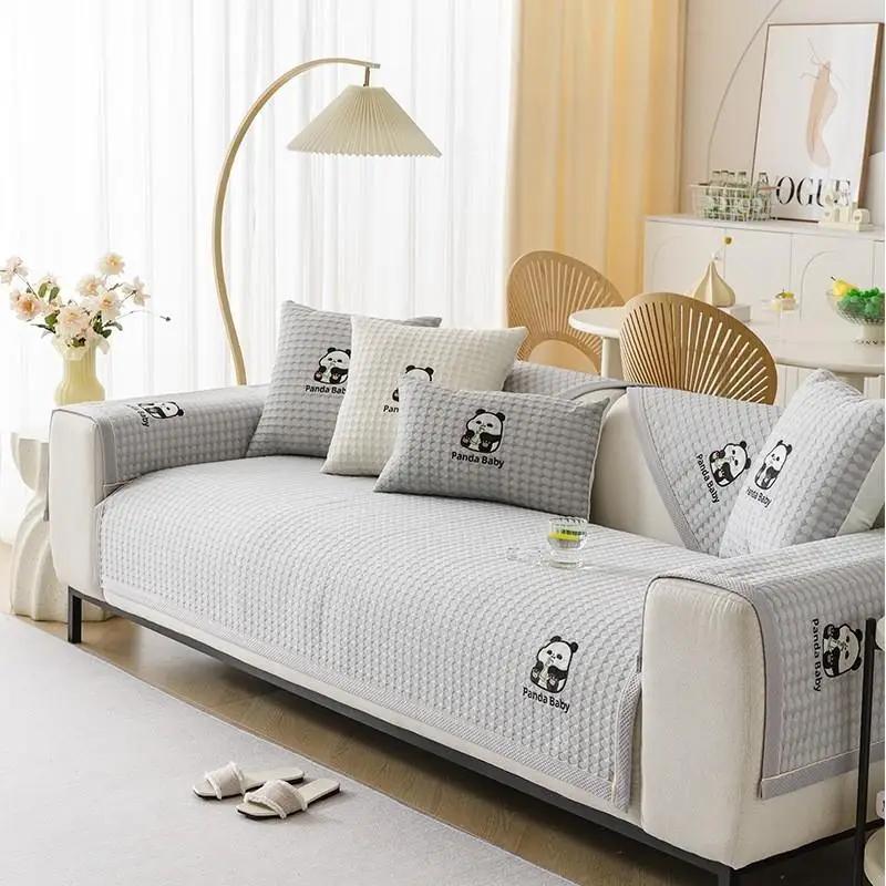 1pcs Cute Cartoon Panda Pattern Sofa Mat Summer Ice Silk Cool Non-slip Couch Cushion Living Room Furniture Protector Cover
