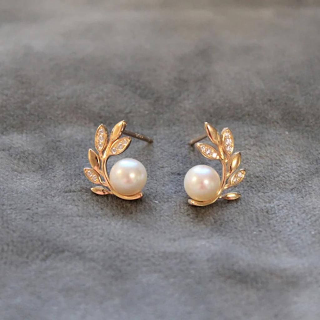 Leaf Branch Design Pearl Stud Earrings Delicate Sparkling Elegant Women Jewelry