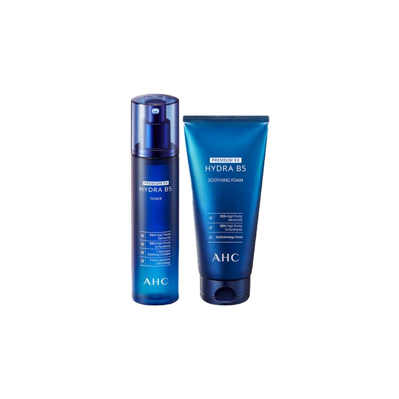 AHC Premium EX Hydra B5 2Pcs Skincare Set, Hydrating Toner + Gentle Soothing Cleansing Foam, Hyaluronic Acid Facial Care Kit 120ml+180ml