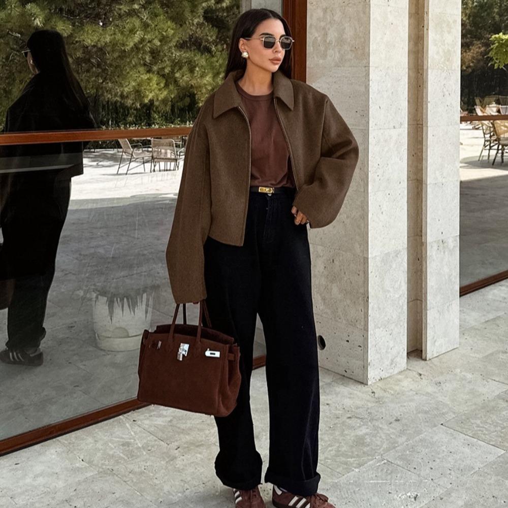Fashion Brown Zipper Jacket For Women Elegant Lapel Long Sleeve Short Coats Female Vintage Lady Street Outerwear