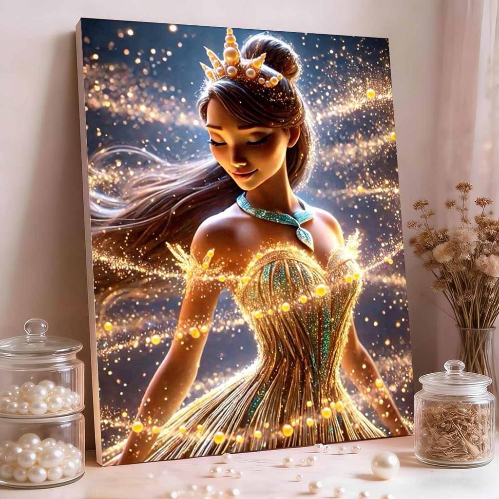 Disney Princess and The Frog Princess Tiana Golden Crown Pearl Painting Starlight Gold Glowing Dress Emerald Necklace Theme Unframed Art Painting