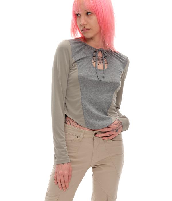 Youth Bath Cut Out Shirring Long Sleeve_Khaki Grey/M
