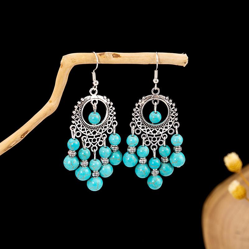 Retro Ethnic Style Turquoise Earrings, Hollow Ring Flower Fringed Earrings, Owl Water Drop Earrings.